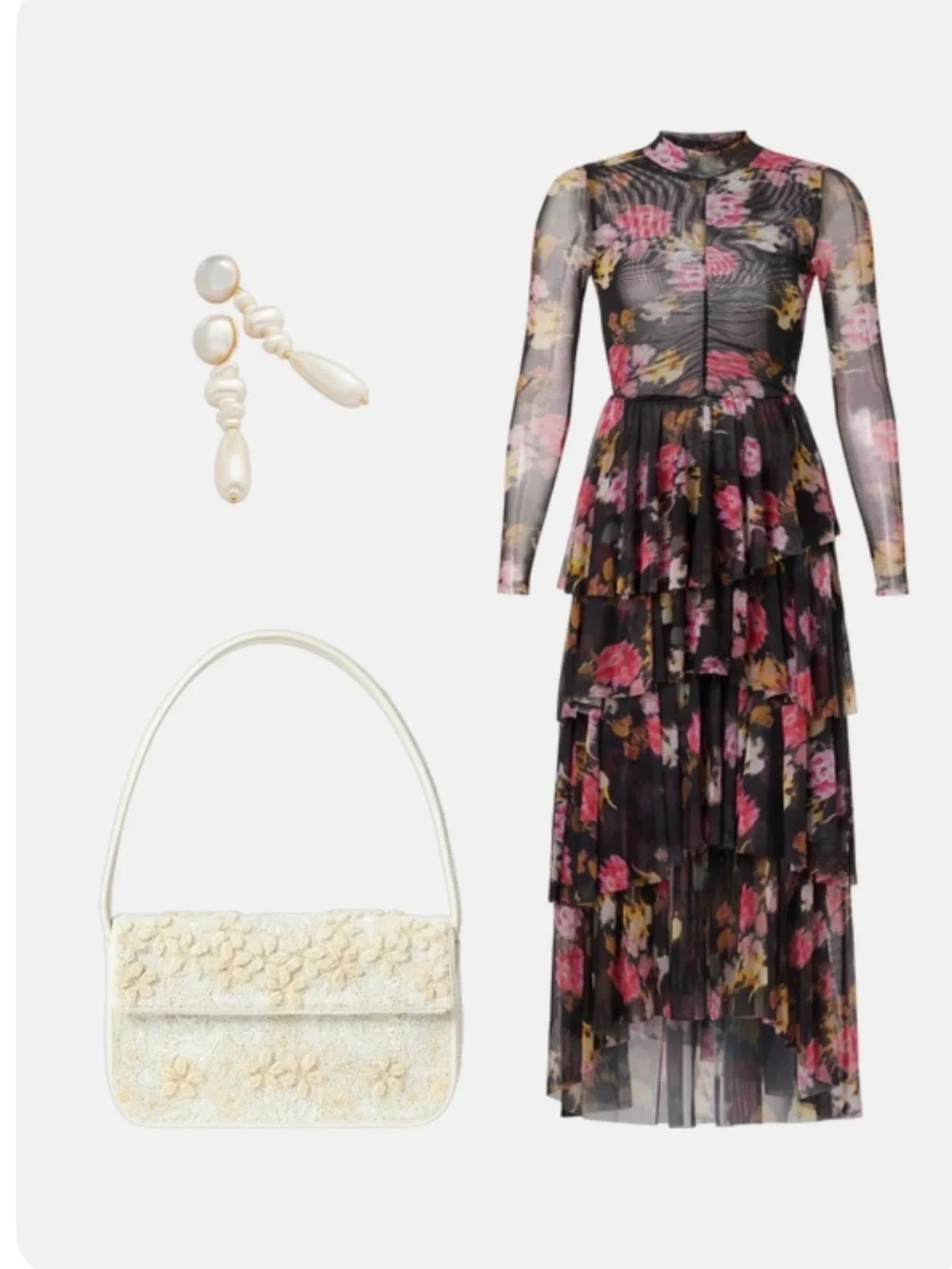 Ted Baker Sheer Floral Tiered Long-Sleeve Midi Dress in Black and Pink